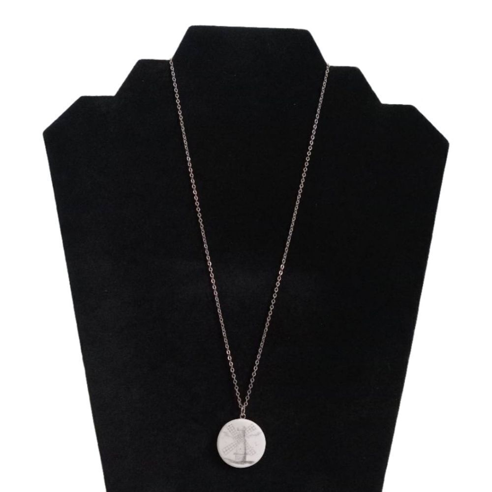 Round Etched Windmill Pendant Single Strand Gold Tone Chain Lightweight Necklace